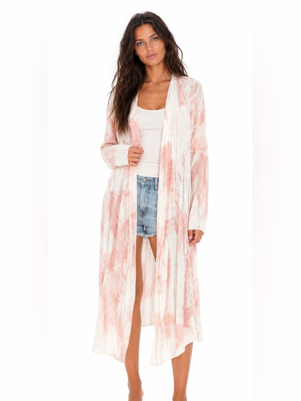 POL Long Open Front Duster Cardigan Large Pink Ivory Tie Dye Pointelle Knit Boho